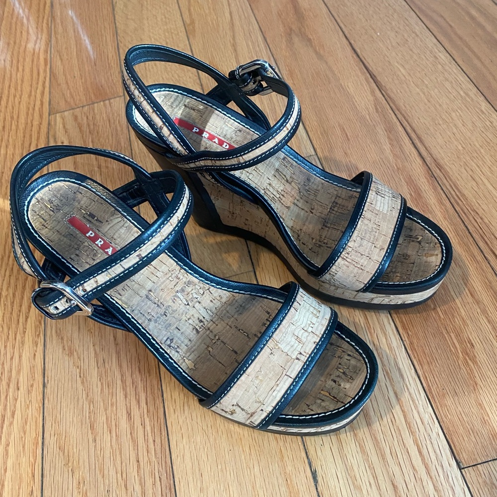Prada Black and Natural Cork Wedge Sandals - Picture 13 of 16